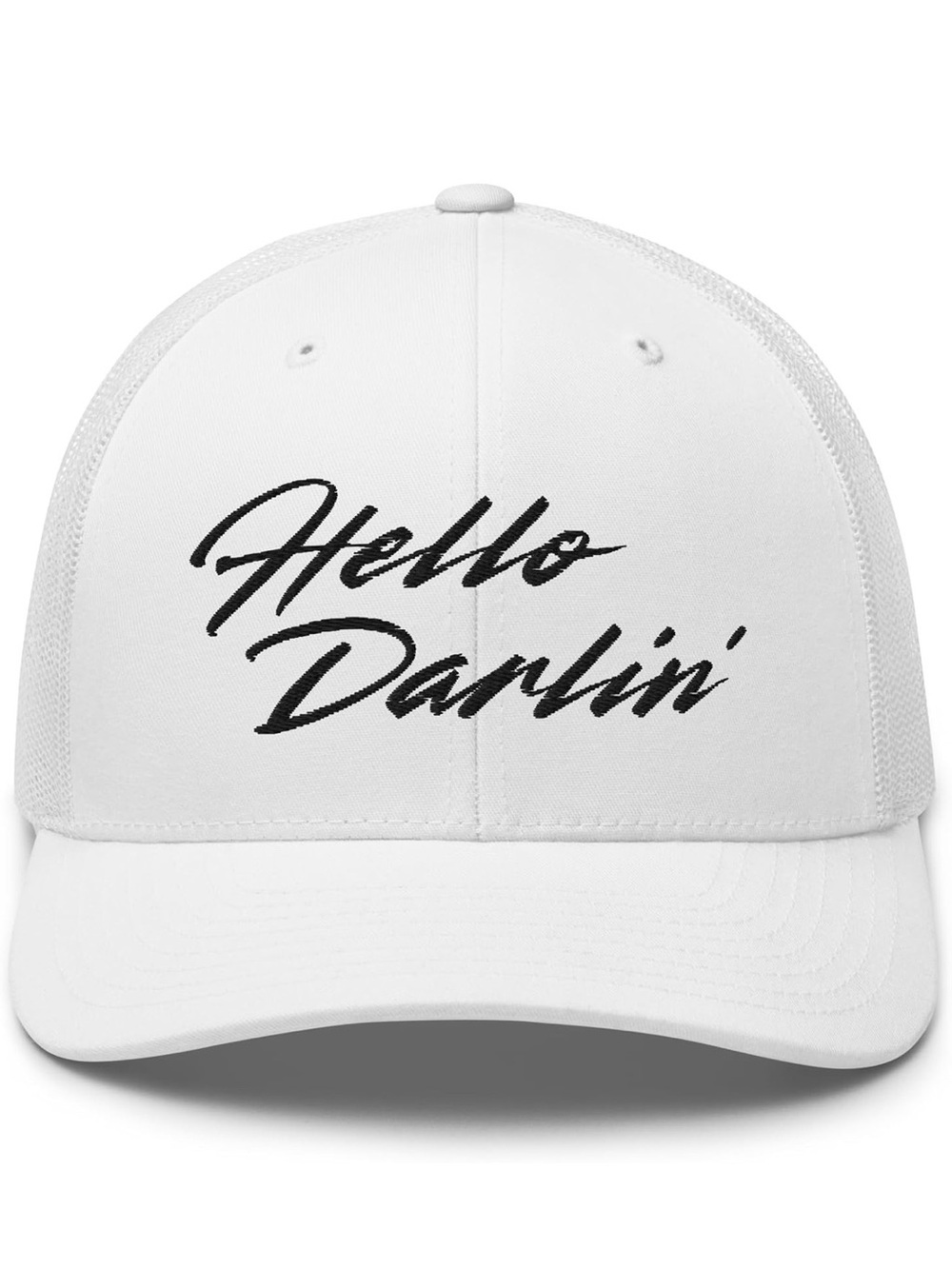 White Trucker Hat with "Hello Darlin'" Script